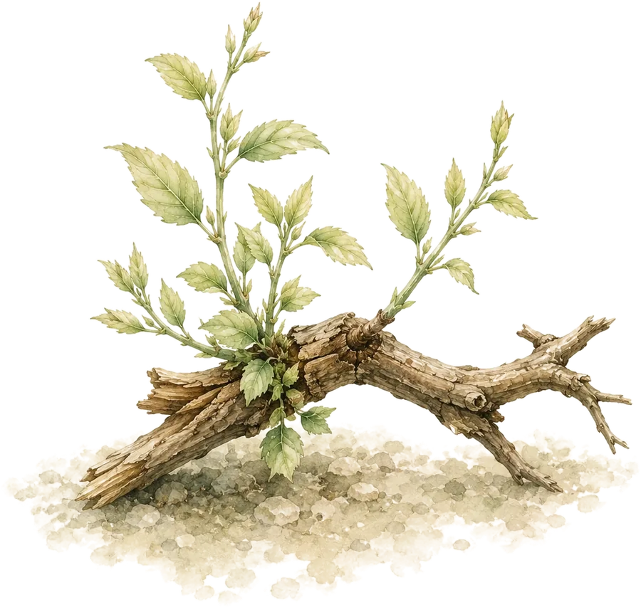 Watercolor botanical: Fallen/severed branch (new growth)
